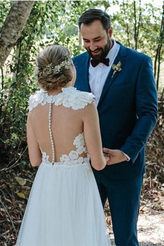 Ivory Tulle Rustic Lace Appliques V-neck Wedding Dresses, Bridal Gowns