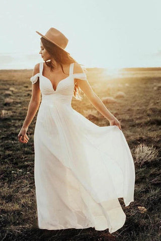 Ivory Vintage Chiffon A-line Floor Length Wedding Dresses, Bridal Gowns