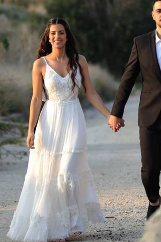 Ivory Chiffon A-line V-neck lace Beach Wedding Dresses, Bridal gown