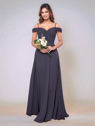 Off Shoulder Chiffon Pleated A-line Bridesmaid Dress