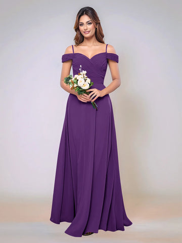 Off Shoulder Chiffon Pleated A-line Bridesmaid Dress