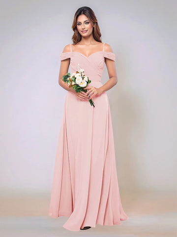 Off Shoulder Chiffon Pleated A-line Bridesmaid Dress