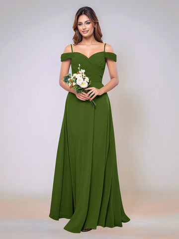 Off Shoulder Chiffon Pleated A-line Bridesmaid Dress