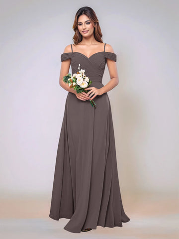 Off Shoulder Chiffon Pleated A-line Bridesmaid Dress