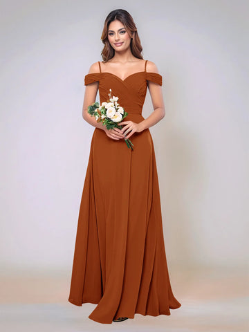 Off Shoulder Chiffon Pleated A-line Bridesmaid Dress