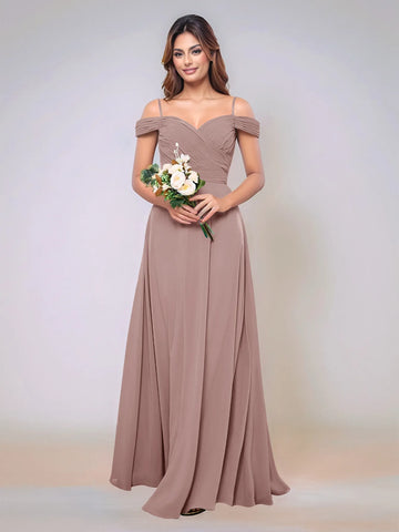 Off Shoulder Chiffon Pleated A-line Bridesmaid Dress