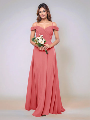 Off Shoulder Chiffon Pleated A-line Bridesmaid Dress