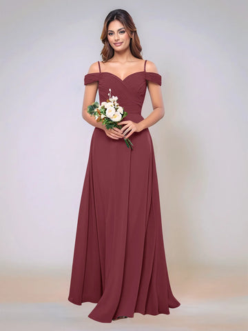 Off Shoulder Chiffon Pleated A-line Bridesmaid Dress
