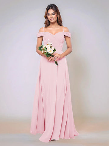 Off Shoulder Chiffon Pleated A-line Bridesmaid Dress