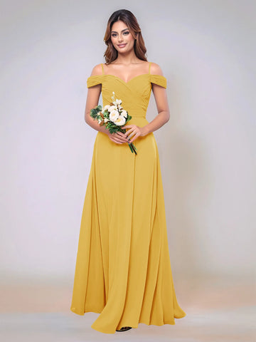 Off Shoulder Chiffon Pleated A-line Bridesmaid Dress