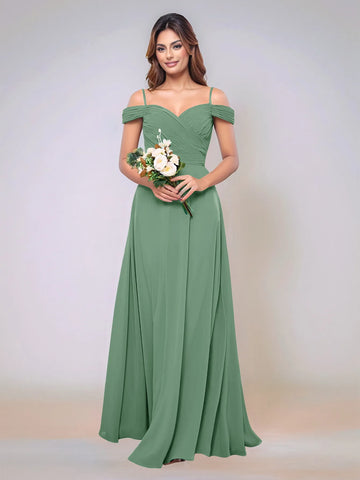 Off Shoulder Chiffon Pleated A-line Bridesmaid Dress
