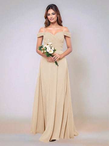 Off Shoulder Chiffon Pleated A-line Bridesmaid Dress