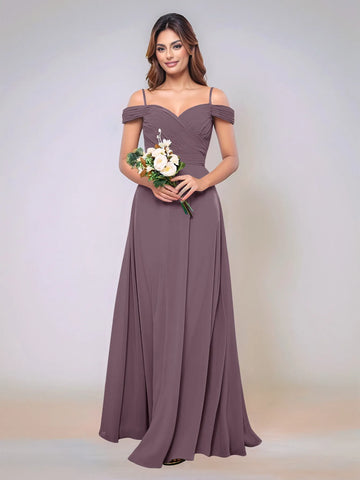 Off Shoulder Chiffon Pleated A-line Bridesmaid Dress