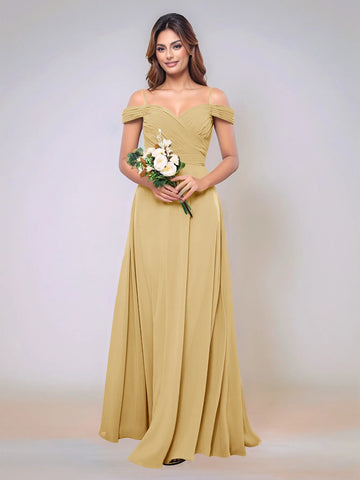Off Shoulder Chiffon Pleated A-line Bridesmaid Dress