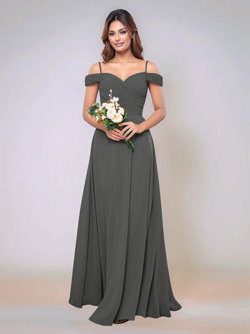 Off Shoulder Chiffon Pleated A-line Bridesmaid Dress
