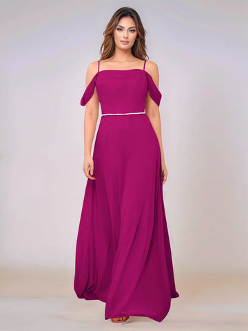 Chiffon Off Shoulder Belt Sheath Bridesmaid Dress