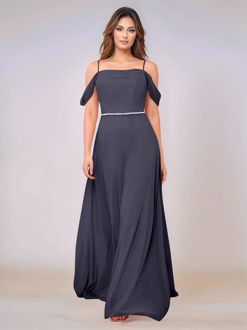 Chiffon Off Shoulder Belt Sheath Bridesmaid Dress