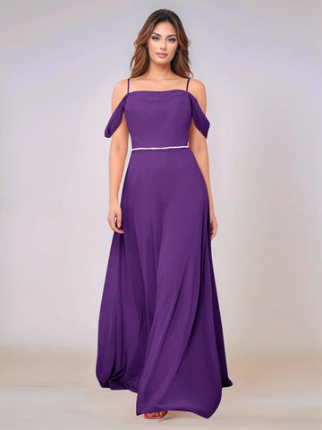 Chiffon Off Shoulder Belt Sheath Bridesmaid Dress