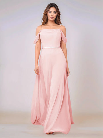 Chiffon Off Shoulder Belt Sheath Bridesmaid Dress