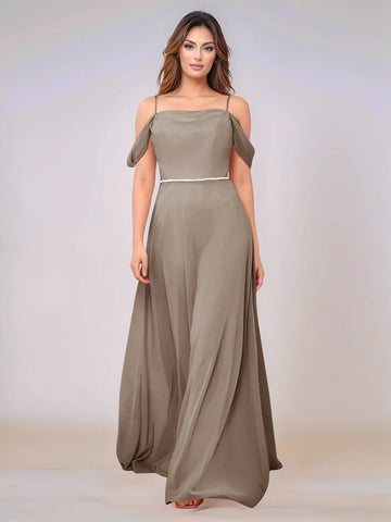 Chiffon Off Shoulder Belt Sheath Bridesmaid Dress
