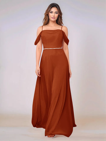 Chiffon Off Shoulder Belt Sheath Bridesmaid Dress