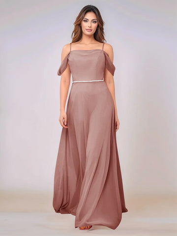 Chiffon Off Shoulder Belt Sheath Bridesmaid Dress