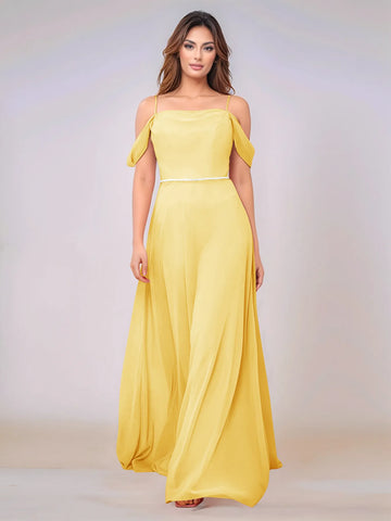 Chiffon Off Shoulder Belt Sheath Bridesmaid Dress