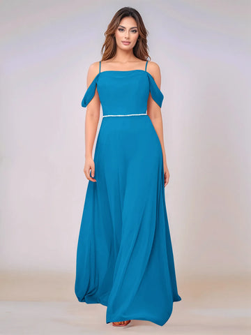 Chiffon Off Shoulder Belt Sheath Bridesmaid Dress