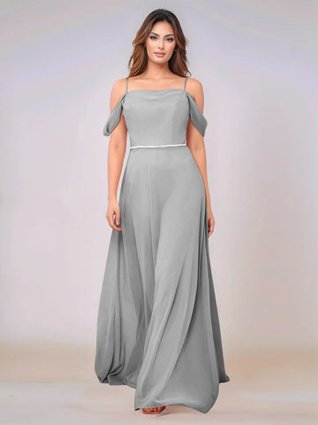 Chiffon Off Shoulder Belt Sheath Bridesmaid Dress