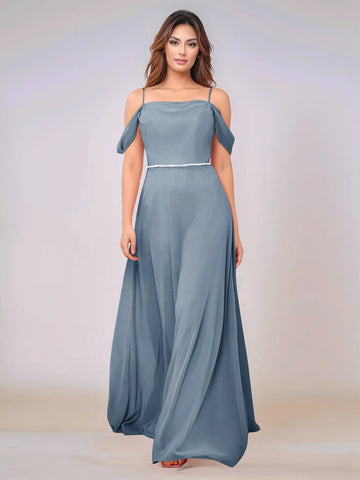 Chiffon Off Shoulder Belt Sheath Bridesmaid Dress
