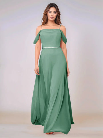 Chiffon Off Shoulder Belt Sheath Bridesmaid Dress