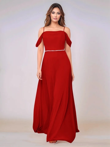 Chiffon Off Shoulder Belt Sheath Bridesmaid Dress