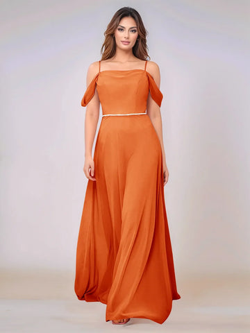 Chiffon Off Shoulder Belt Sheath Bridesmaid Dress