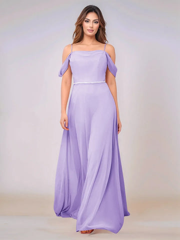 Chiffon Off Shoulder Belt Sheath Bridesmaid Dress