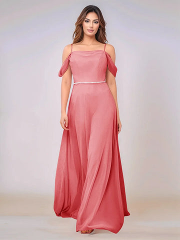 Chiffon Off Shoulder Belt Sheath Bridesmaid Dress