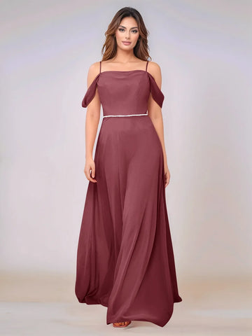 Chiffon Off Shoulder Belt Sheath Bridesmaid Dress