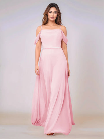 Chiffon Off Shoulder Belt Sheath Bridesmaid Dress