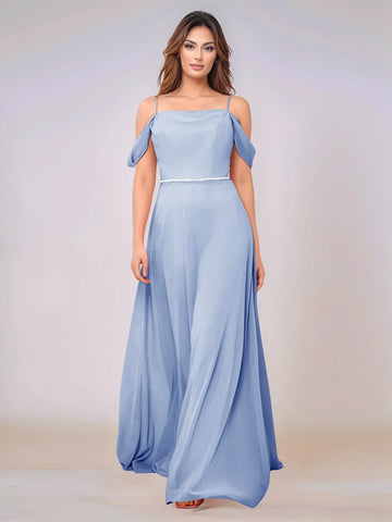 Chiffon Off Shoulder Belt Sheath Bridesmaid Dress