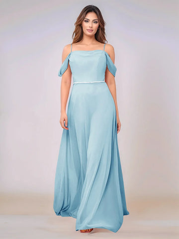 Chiffon Off Shoulder Belt Sheath Bridesmaid Dress