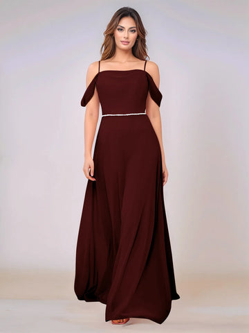 Chiffon Off Shoulder Belt Sheath Bridesmaid Dress