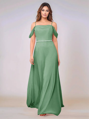 Chiffon Off Shoulder Belt Sheath Bridesmaid Dress