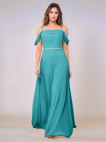 Chiffon Off Shoulder Belt Sheath Bridesmaid Dress