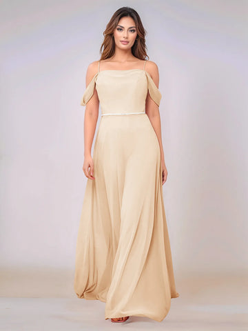 Chiffon Off Shoulder Belt Sheath Bridesmaid Dress