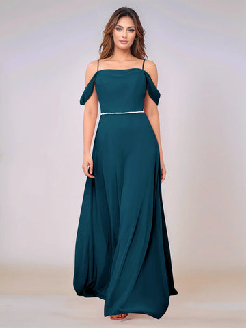 Chiffon Off Shoulder Belt Sheath Bridesmaid Dress