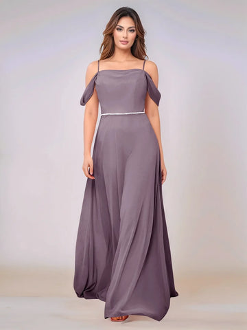 Chiffon Off Shoulder Belt Sheath Bridesmaid Dress