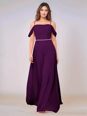 Chiffon Off Shoulder Belt Sheath Bridesmaid Dress