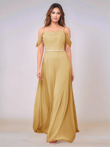 Chiffon Off Shoulder Belt Sheath Bridesmaid Dress