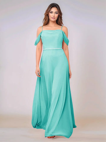 Chiffon Off Shoulder Belt Sheath Bridesmaid Dress