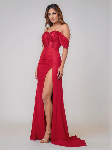Lace Off Shoulder Sweetheart Satin Bridesmaid Dress With Split