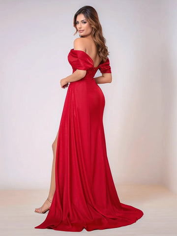 Lace Off Shoulder Sweetheart Satin Bridesmaid Dress With Split